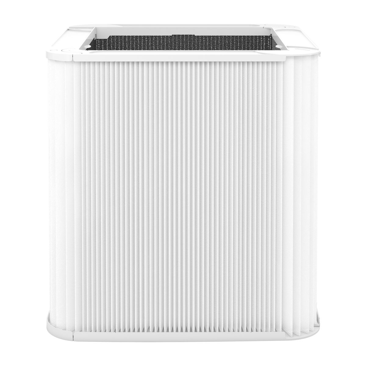 Weißer Filter mit geriffelter Oberfläche. Rechteckige Form. Schwarzes Filtermaterial oben sichtbar.