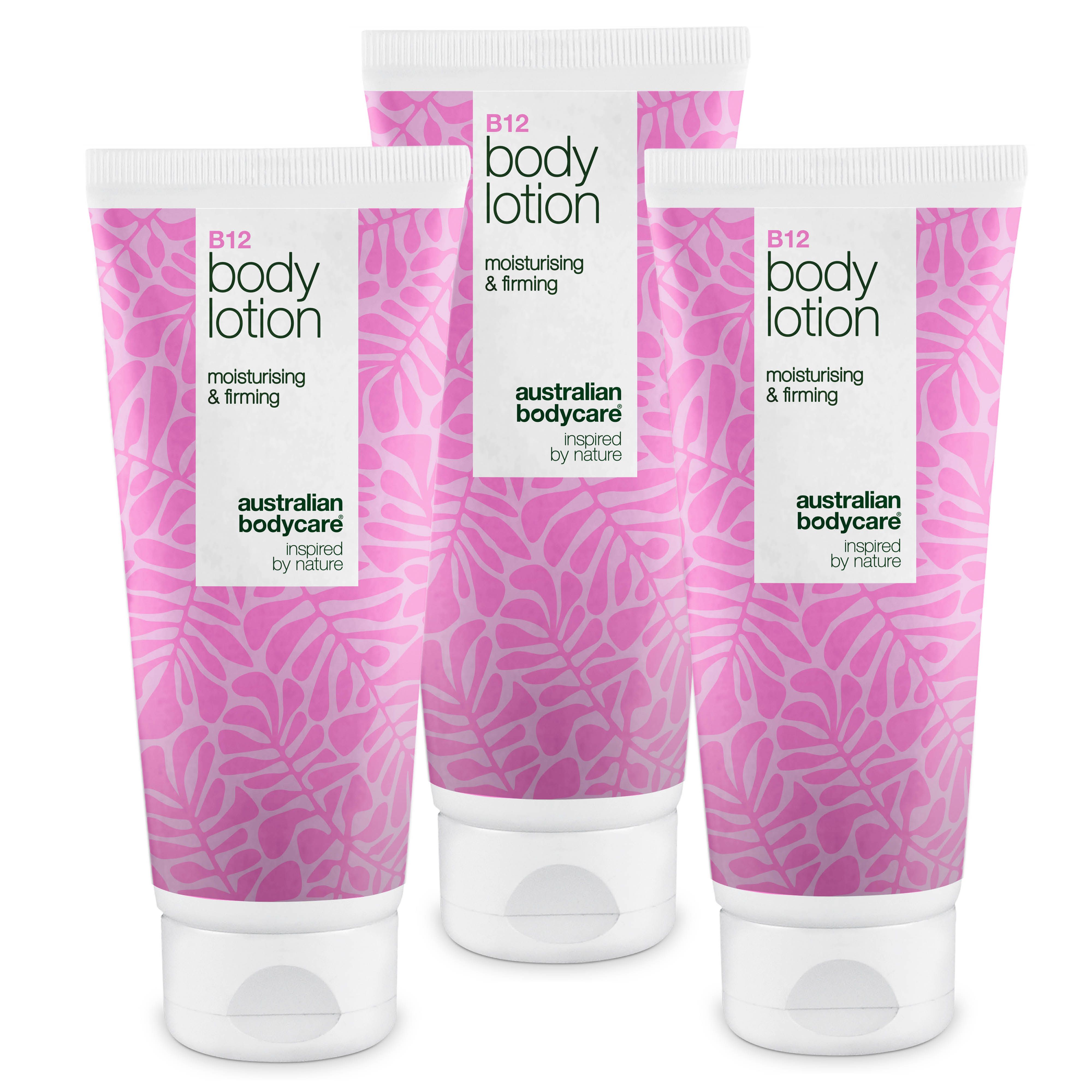 Drei Tuben B12 Bodylotion. Rosa Muster, weißer Deckel. Aufschrift: B12 Body Lotion, Australian Bodycare.