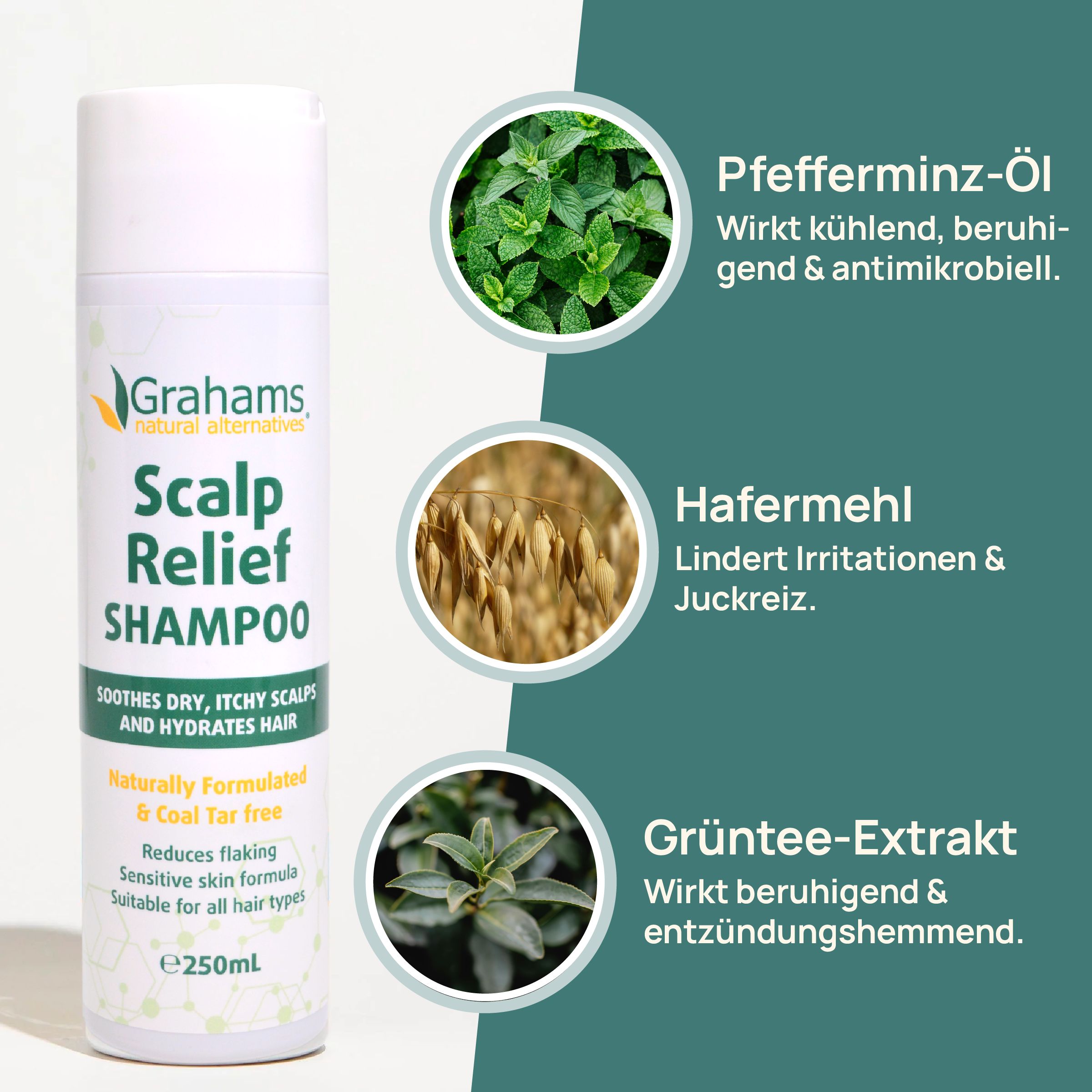 Weiße Flasche mit Text: Scalp Relief Shampoo. Enthält Pfefferminz-Öl, Hafermehl und Grüntee-Extrakt. Reduziert Schuppen und beruhigt.