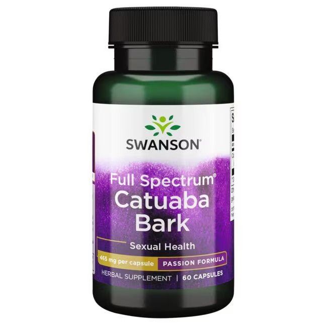 Grüne Flasche mit schwarzem Deckel. Aufschrift: SWANSON, Catuaba Bark, 465 mg pro Kapsel, 60 Kapseln.
