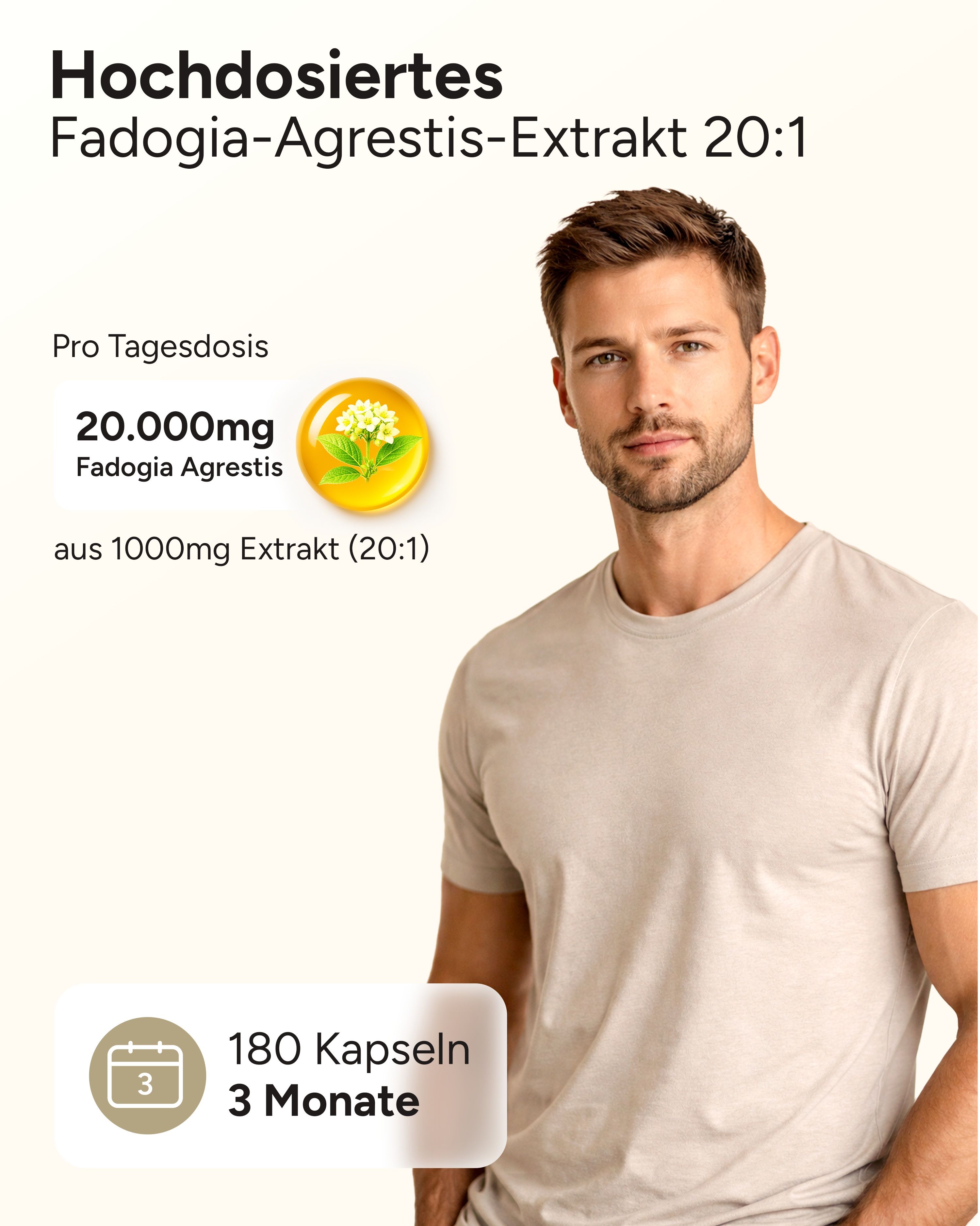 Mann mit Text: Hochdosiertes Fadogia-Agrestis-Extrakt. 20.000mg pro Tag. 180 Kapseln, 3 Monate.