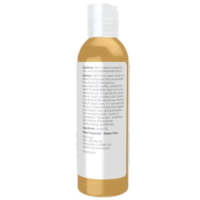 Flasche mit gelber Flüssigkeit. Etikett mit Text. Rückansicht.