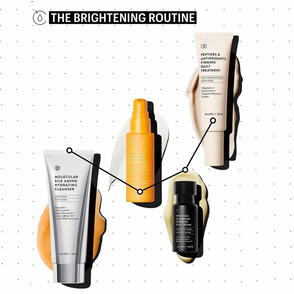 Verschiedene Hautpflegeprodukte. Enthalten: ALLIES OF SKIN Vitamin C Serum, Reiniger, Creme. Beschriftung: THE BRIGHTENING ROUTINE.