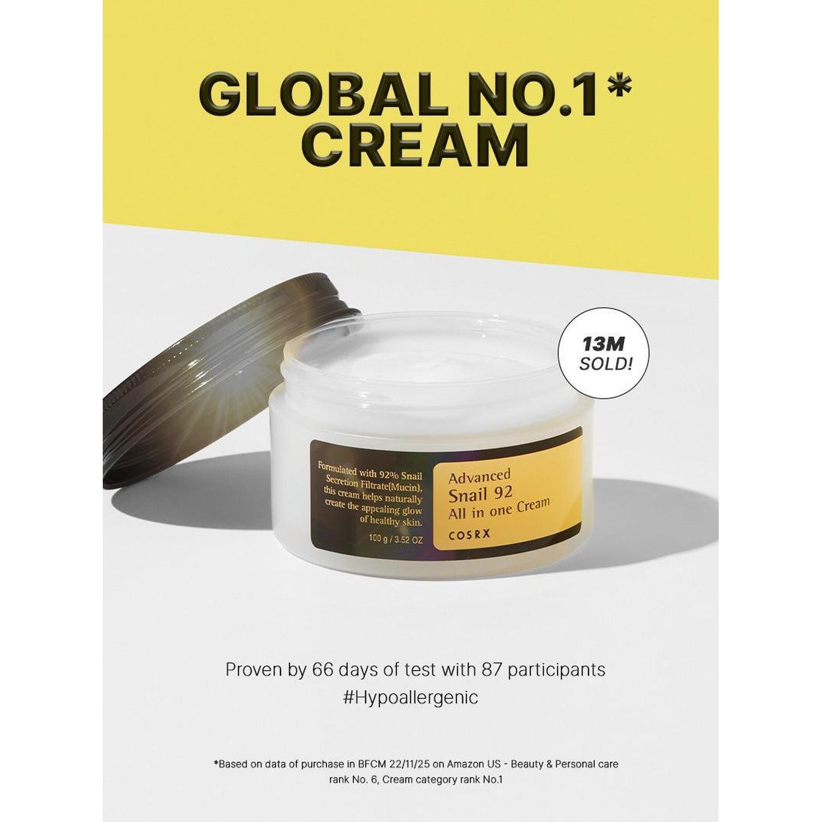 COSRX Advanced Snail 92 All in One Cream in einem weißen Tiegel mit gelbem Etikett. 13M verkauft.