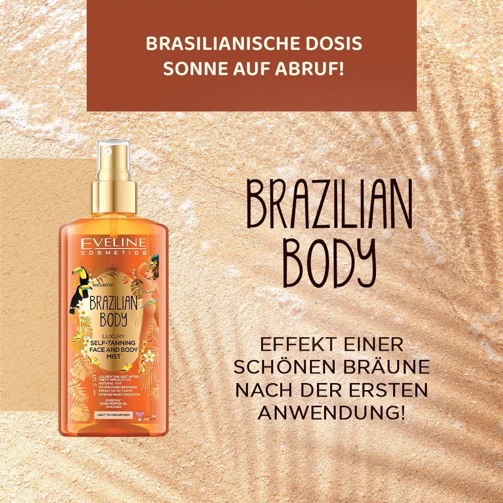 EVELINE COSMETICS Brazilian Body Selbstbräunungsspray. Flasche mit Text und Illustrationen auf braunem Hintergrund.
