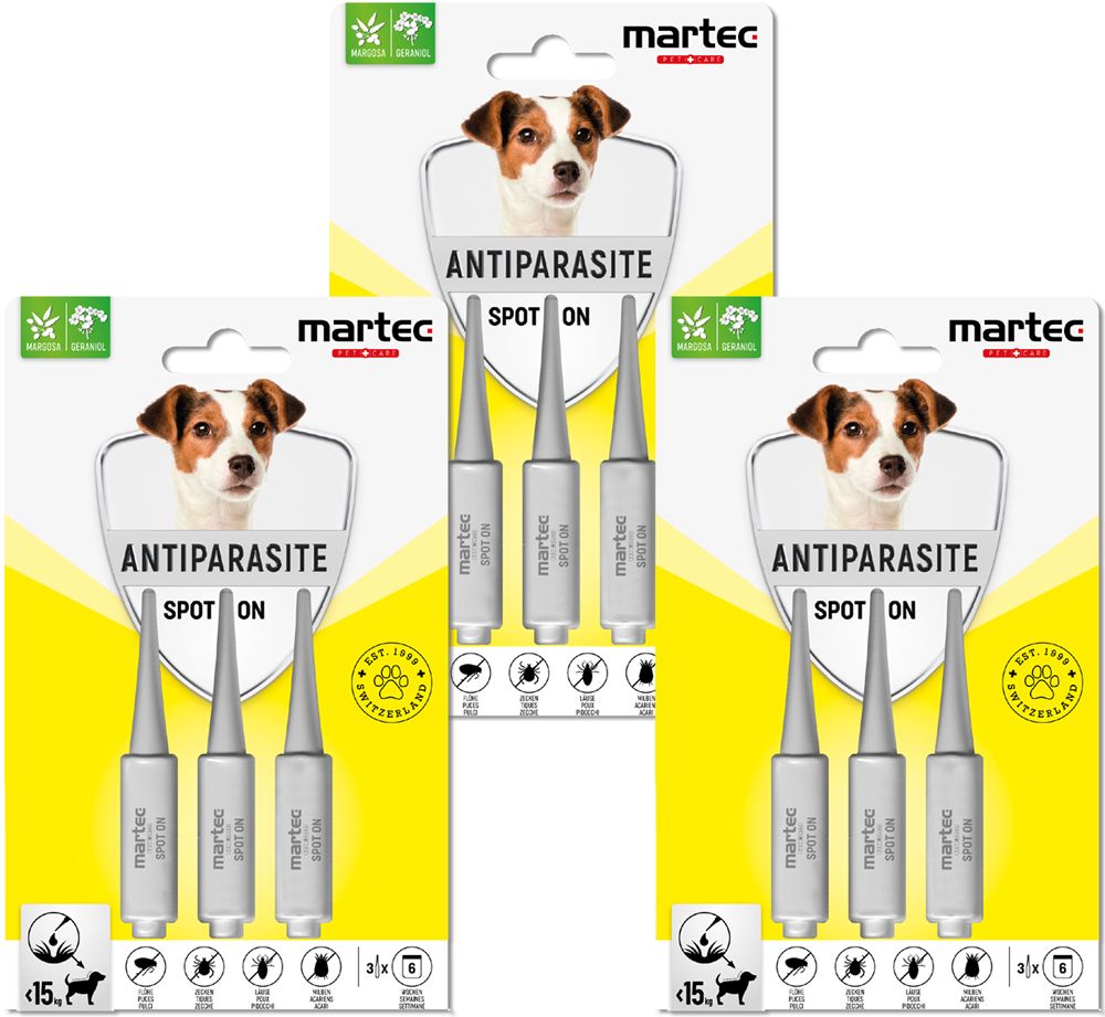 Drei Packungen Spot-On für Hunde unter 15 kg. Jede Packung enthält drei Applikatoren. Aufdruck: Antiparasit, martec.