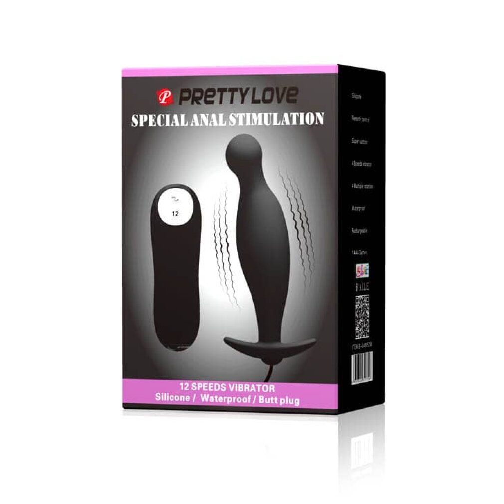 Verpackung mit Produktabbildung. Text: Pretty Love, Special Anal Stimulation, 12 Speeds Vibrator.