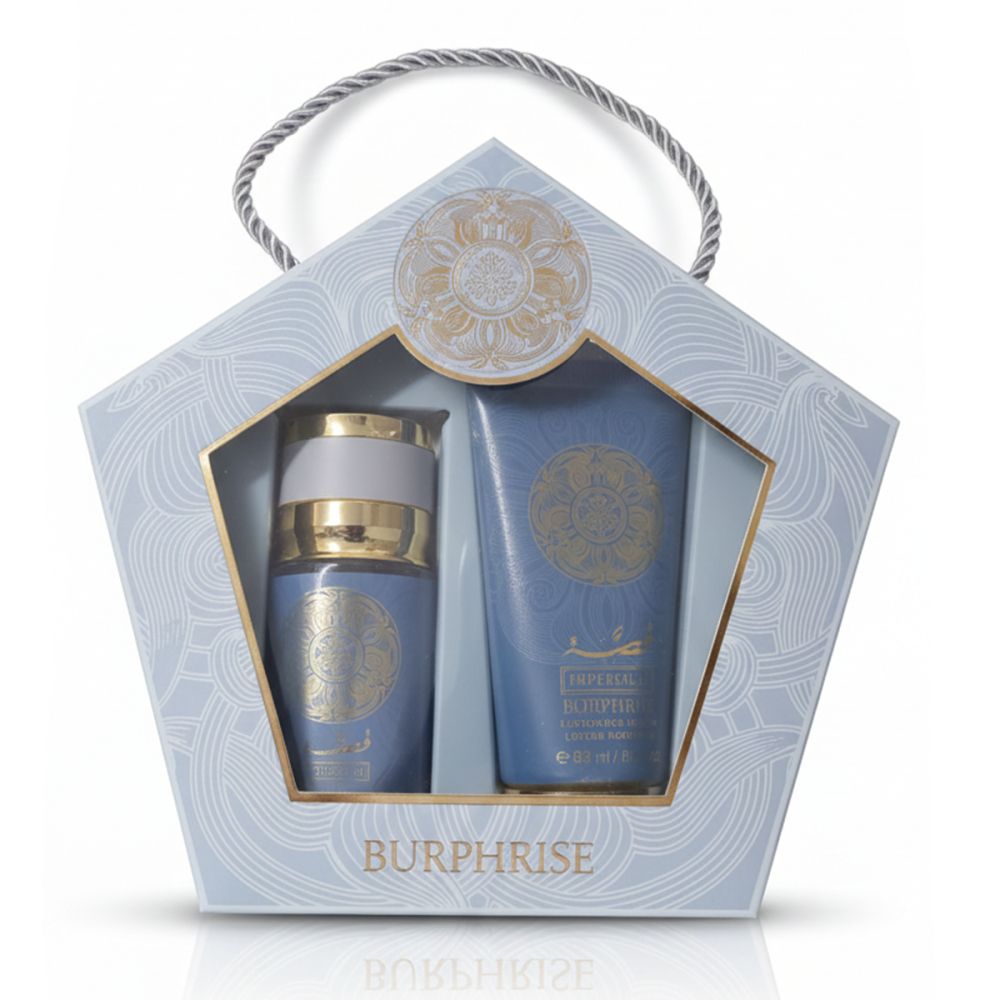 Geschenkset in hellblauer, fünfeckiger Schachtel mit Tragegriff. Enthält eine blaue Flasche und eine Tube. Goldfarbene Akzente und Logo.