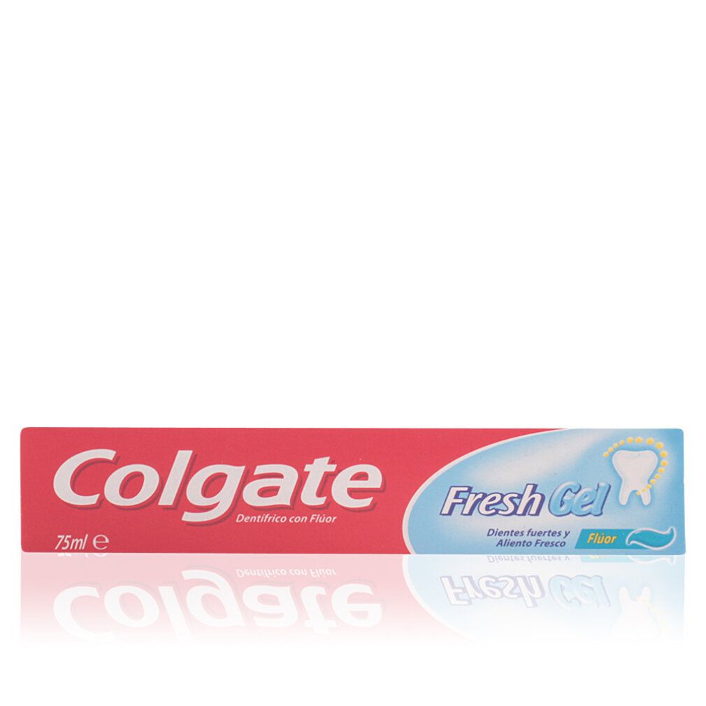 Zahnpasta-Tube und -Verpackung. Rote Verpackung mit weißem Colgate-Schriftzug und blauem Fresh Gel-Bereich.