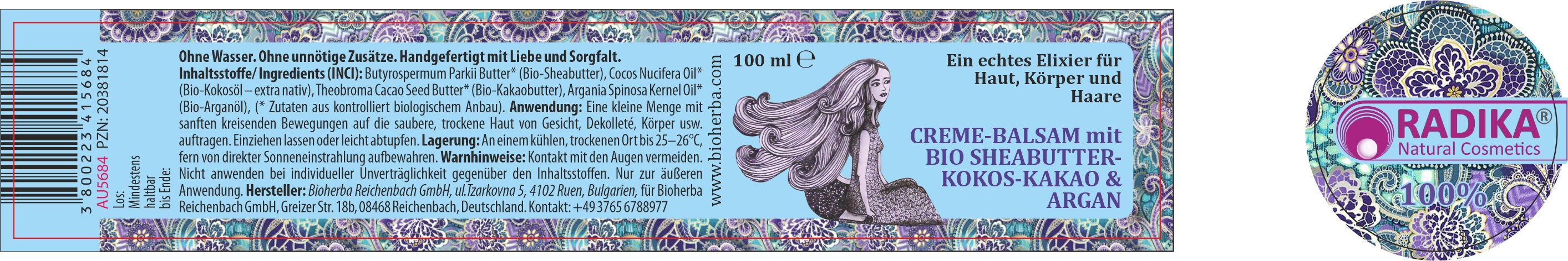 Glas mit goldfarbenem Deckel. Etikett mit Illustration einer Frau und Text: Creme-Balsam mit Bio Sheabutter, Kokos-Kakao & Argan.