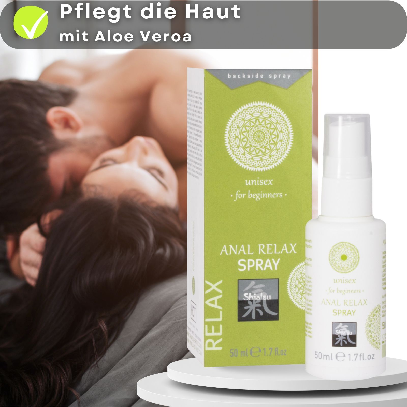 Produkt und Paar. Verpackung mit Text. ANAL RELAX SPRAY, unisex, Shiatsu. 50 ml.
