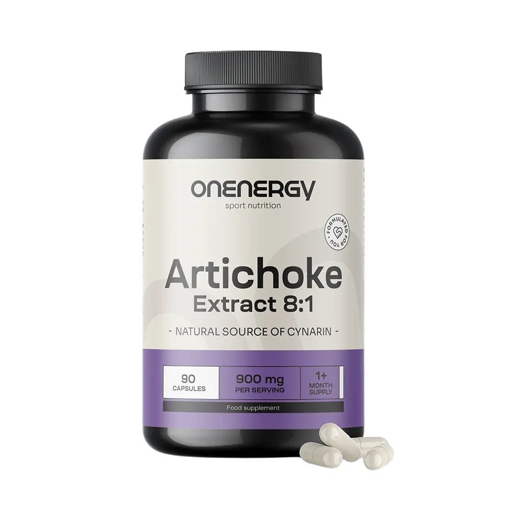 Dunkle Kapsel mit Etikett: OnEnergy Artischocke Extrakt 8:1, 90 Kapseln, 900 mg pro Portion.