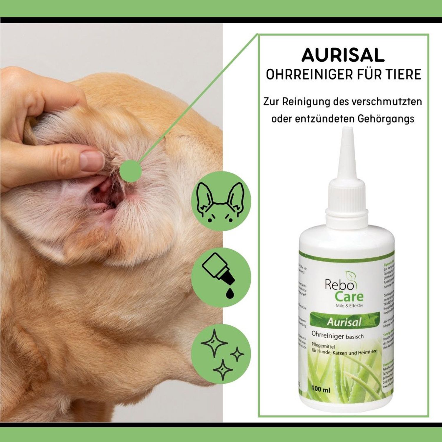 Aurisal Ohrreiniger für Tiere: Nahaufnahme eines Hundeohrs, Flasche und Symbole.