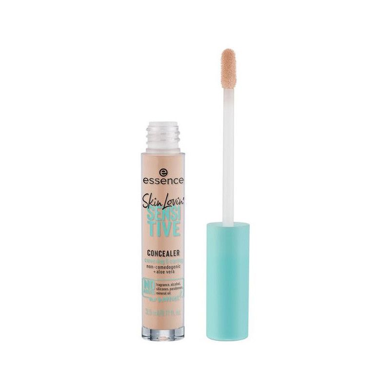 Essence Skin Lovin' Sensitive Concealer in einem transparenten Fläschchen mit hellblauem Deckel und Applikator.