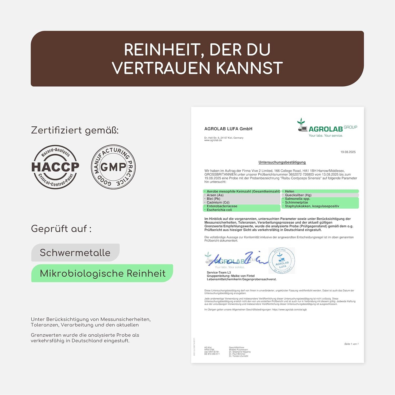 Zertifizierungen: HACCP, GMP. Geprüft auf Schwermetalle und mikrobiologische Reinheit. Dokument mit Testergebnissen.