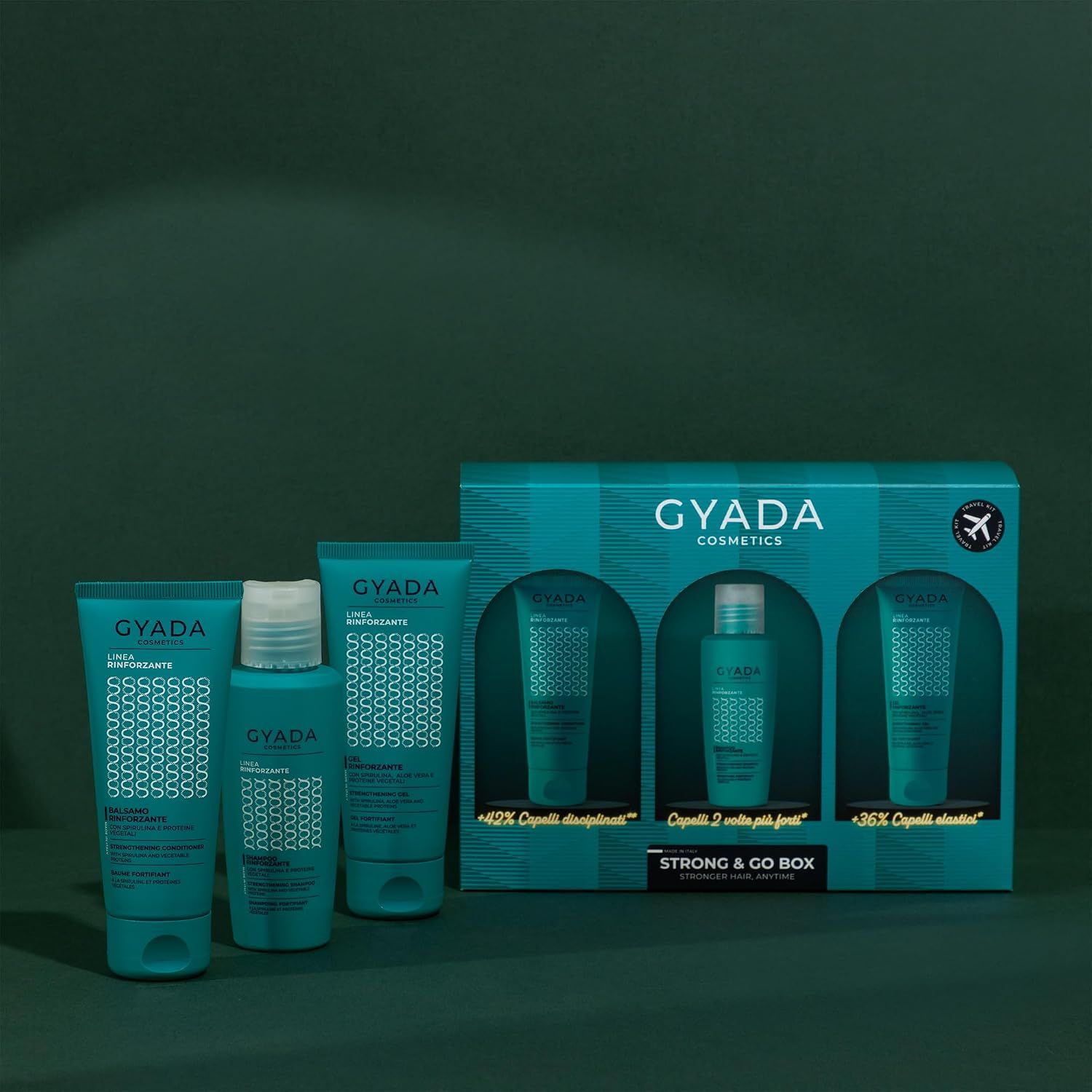 GYADA Cosmetics Strong & Go Box mit drei Produkten für starkes Haar.
