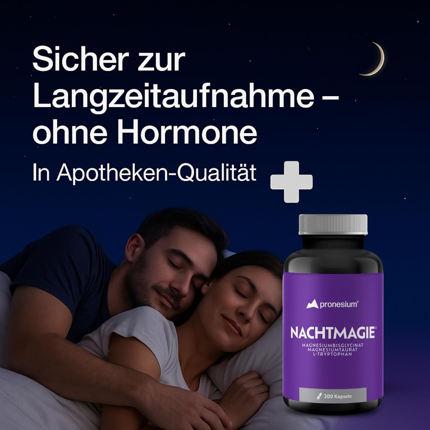 Mann und Frau schlafen. Flasche mit lila Etikett. Text: NACHTMAGIE, Magnesiumbisglycinat, Magnesiumtaurat, L-Tryptophan. Nacht-Hintergrund.