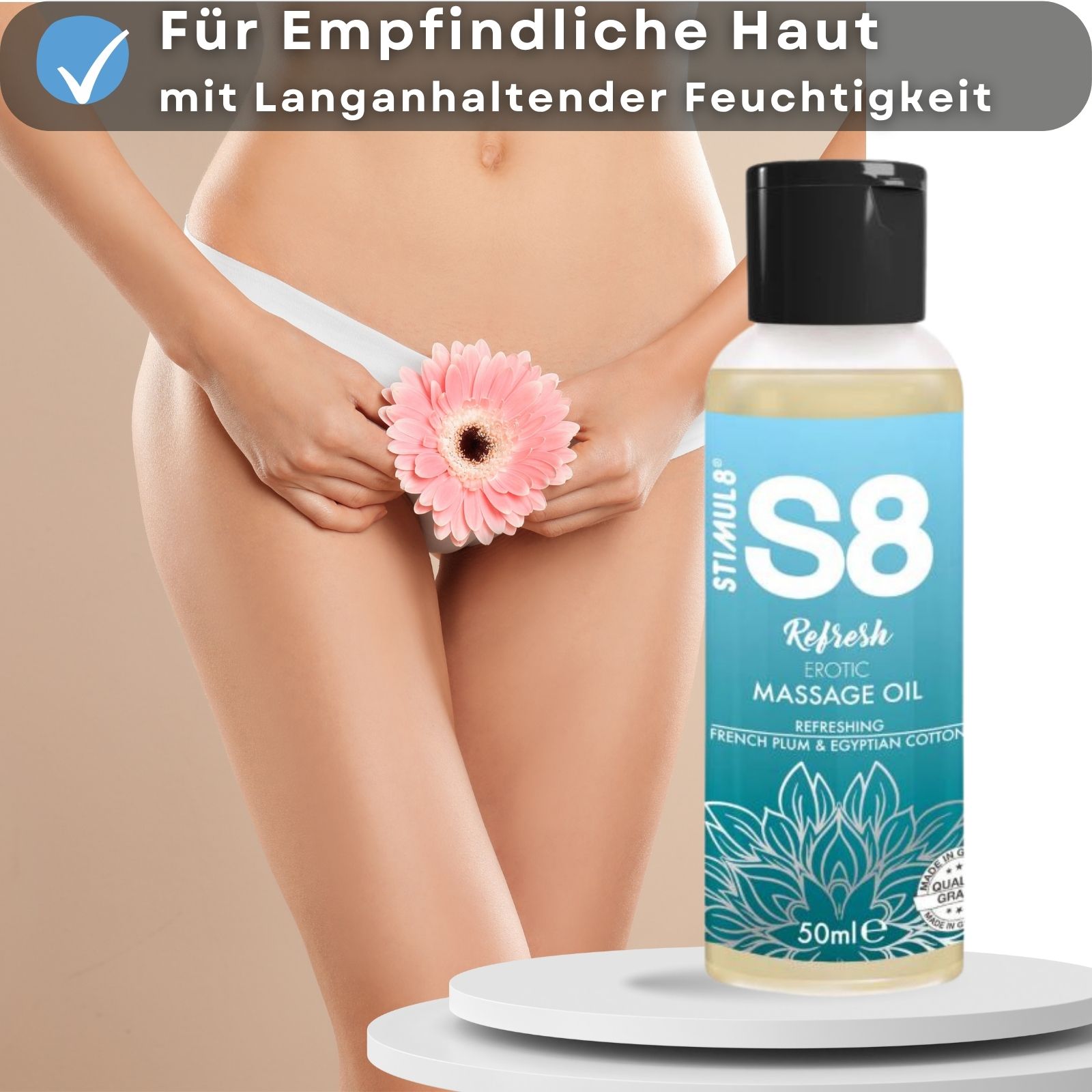 Massageöl für empfindliche Haut. Flasche mit schwarzem Deckel. Text: S8, Refresh, 50ml. Frau mit Blume.