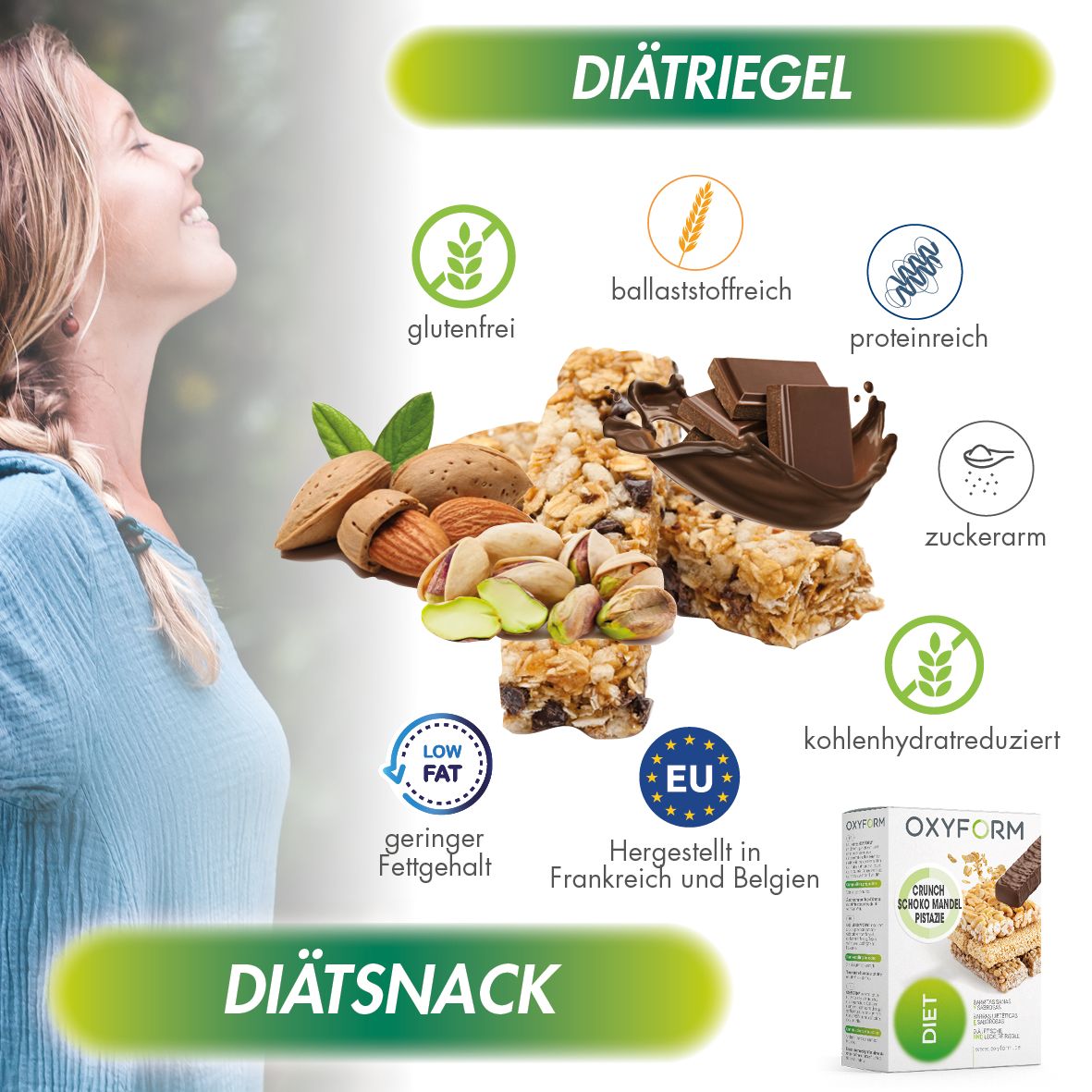 Diätrigel mit Riegeln, Mandeln, Pistazien und Schokolade. Symbole: glutenfrei, ballaststoffreich, proteinreich, zuckerarm, kohlenhydratreduziert.