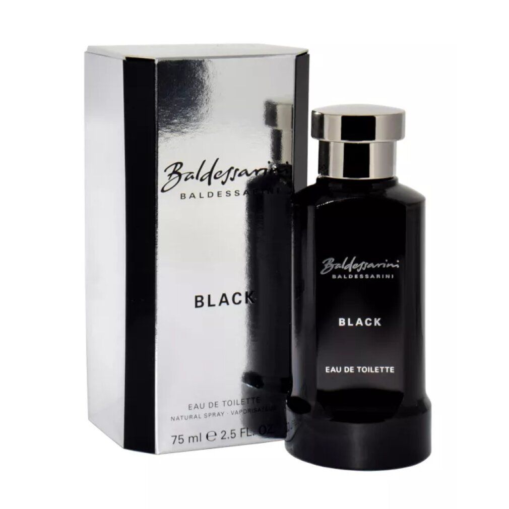 Baldessarini Black Eau de Toilette Flakon und Verpackung. Schwarzer Flakon mit silbernem Verschluss. Silberne Box mit schwarzem Aufdruck.