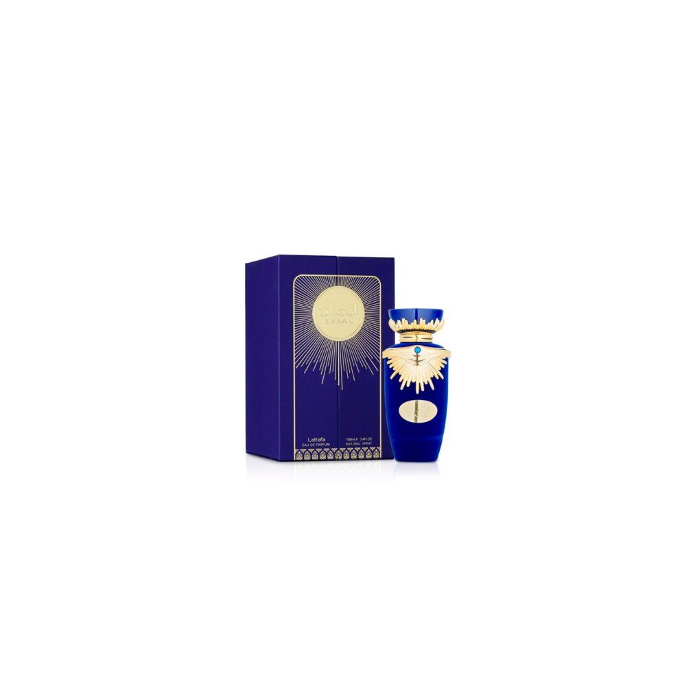 Blaues Parfümflakon neben einer blauen Verpackung. Goldfarbene Verzierungen und Schriftzug "Emaan".