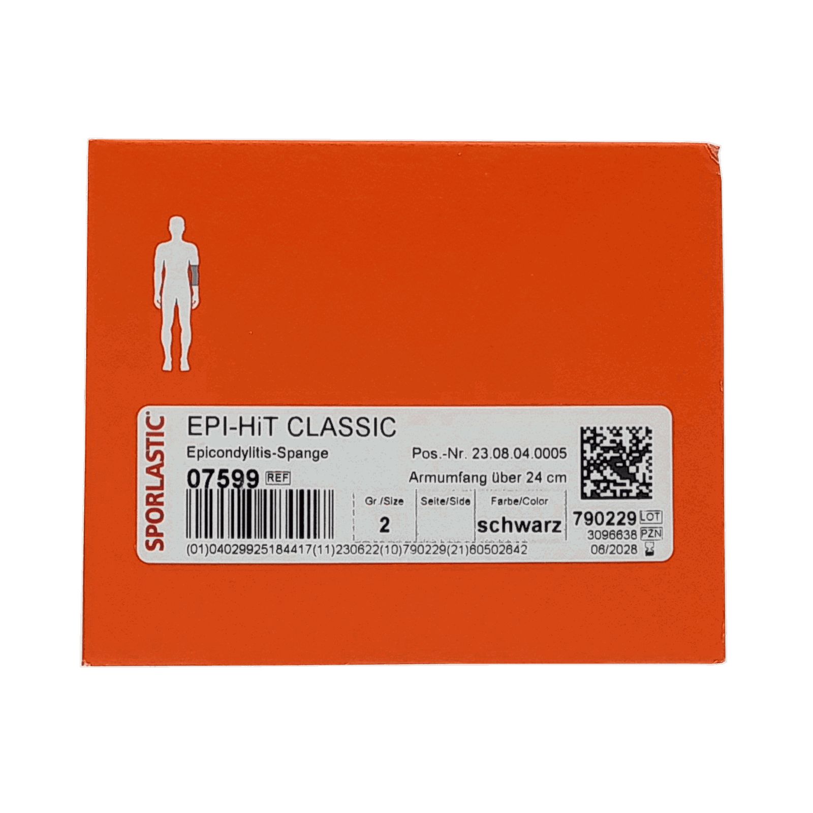 Produktverpackung, orange. Text: EPI-HIT CLASSIC, SPORLASTIC. Aufdruck: Armumfang über 24 cm, schwarz. Barcode und Referenznummern.