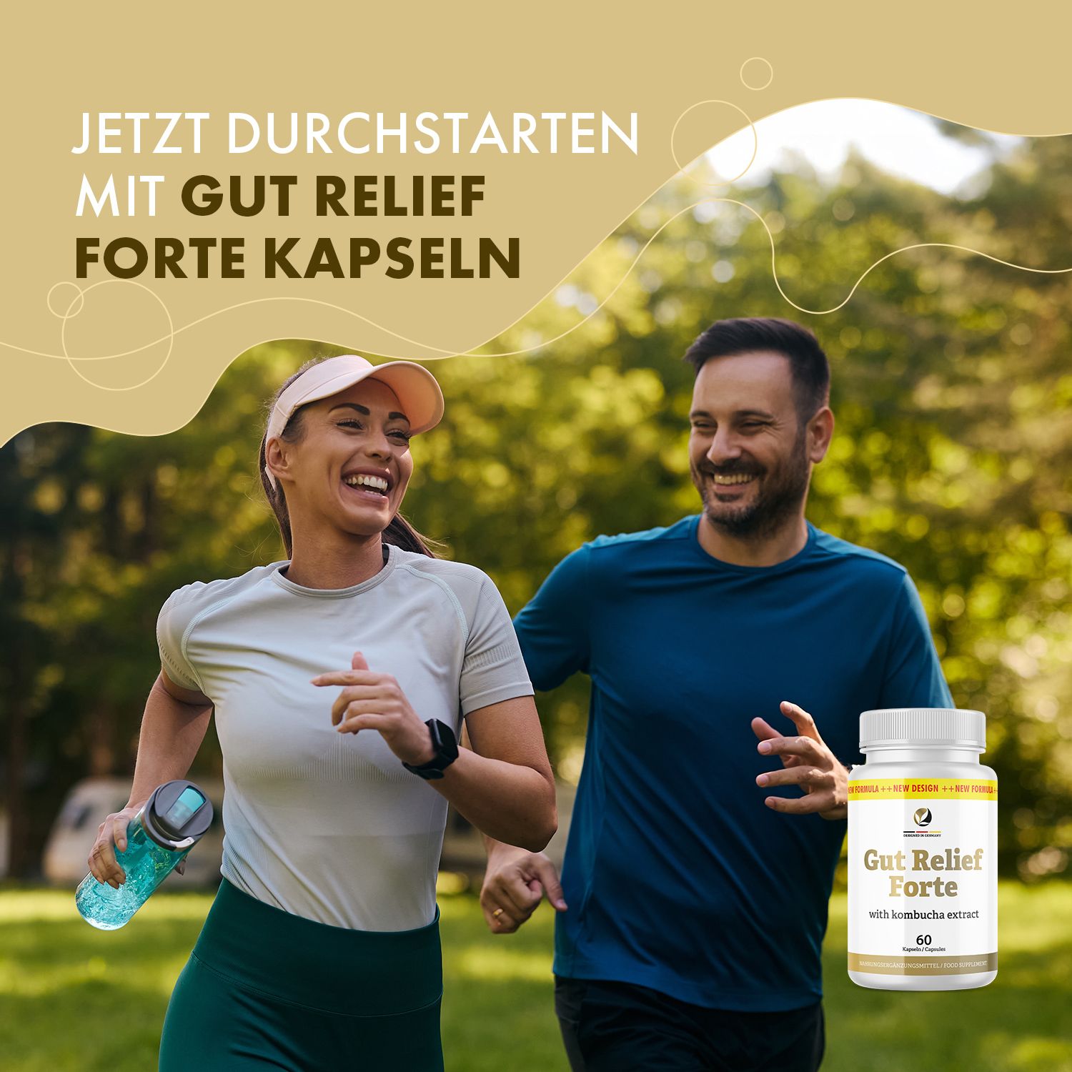 Paar joggt, daneben Flasche "Gut Relief Forte" Kapseln. Text: Jetzt durchstarten mit Gut Relief Forte Kapseln.