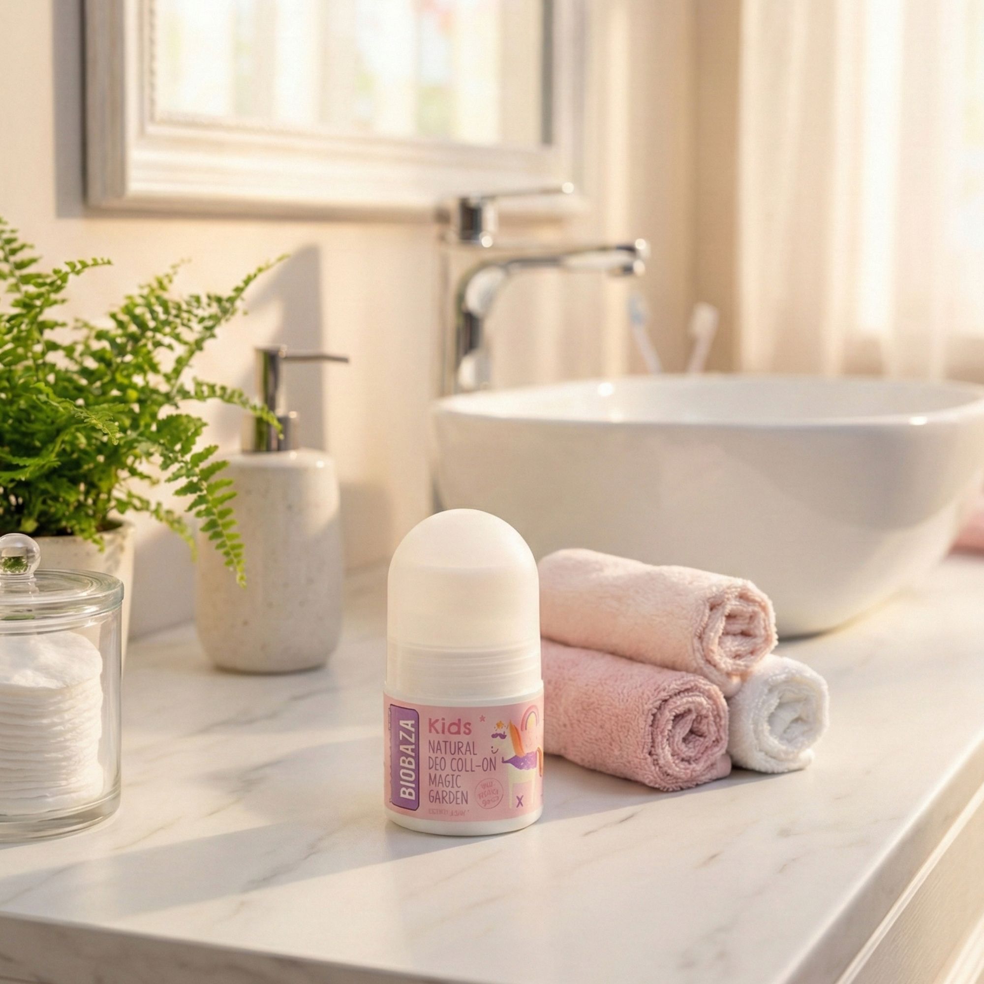 Roll-on-Deo auf einer Oberfläche. Produktetikett sichtbar. Badezimmerhintergrund mit Waschbecken und Handtüchern.
