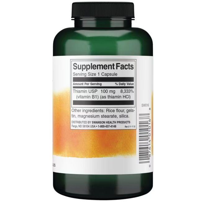 Grüne Flasche mit weißem Etikett. Aufschrift: Thiamin 100 mg. Weitere Inhaltsstoffe: Reismehl, Gelatine, Magnesiumstearat, Kieselsäure.