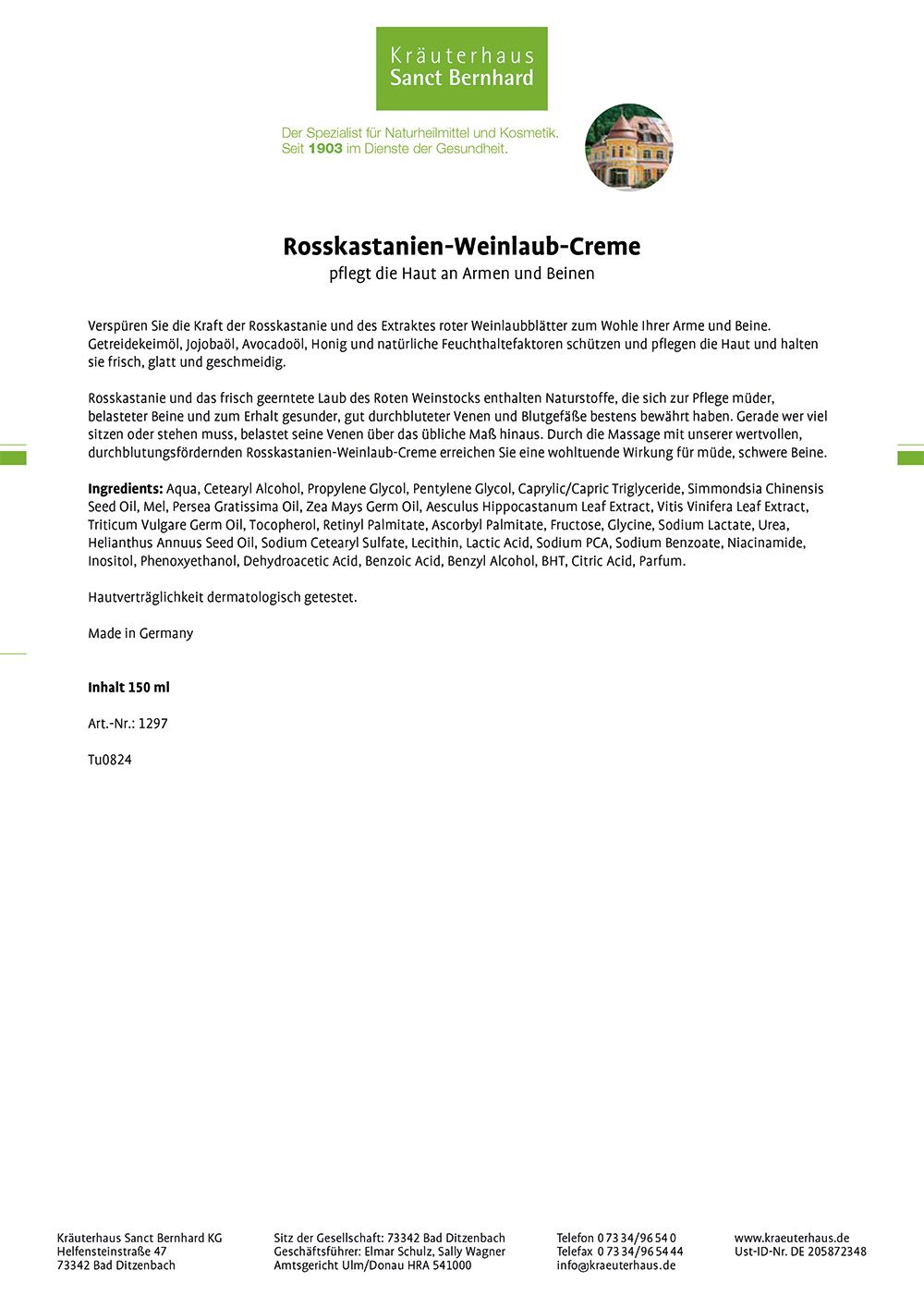 Produktinformationen. Text mit Inhaltsstoffen und Herstellerangaben. Logo: Kräuterhaus Sanct Bernhard.