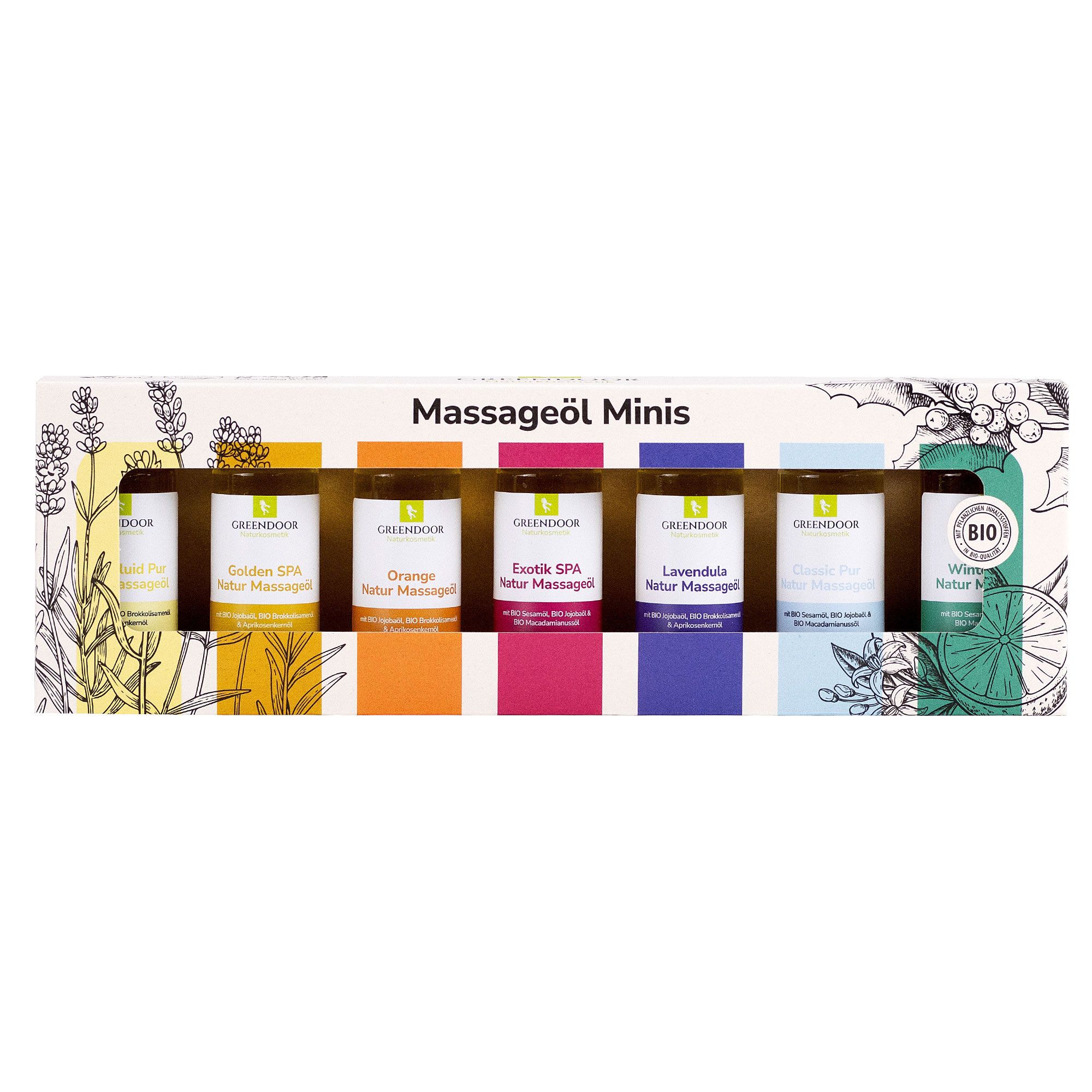 Geschenkbox mit sechs kleinen Massageöl-Fläschchen. Aufschrift: Massageöl Minis. Marke: GREENDOOR. Bio-Siegel.