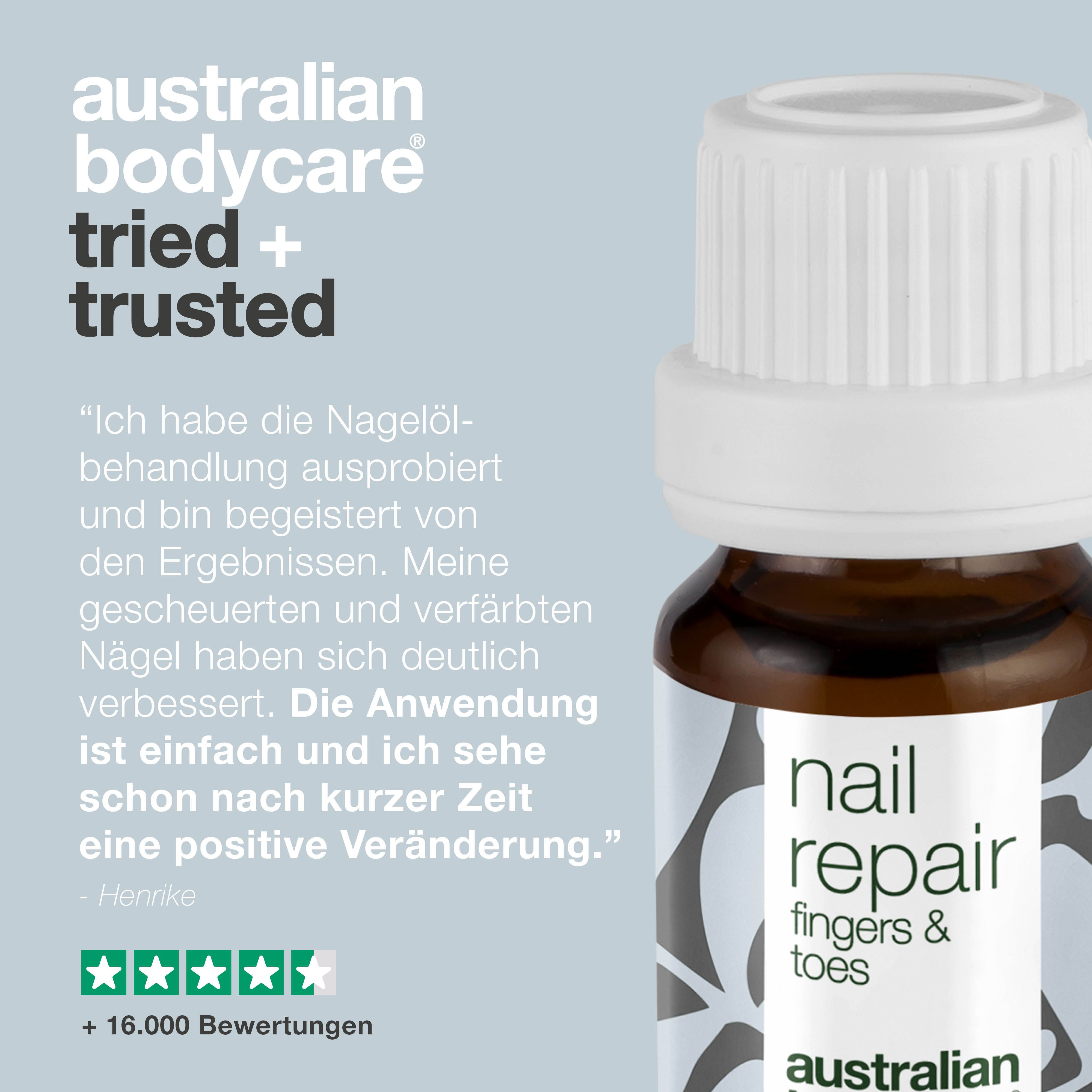 Mehrere Personen mit Produkten. Marke: Australian Bodycare. Text: +100.000 zufriedene Kunden.