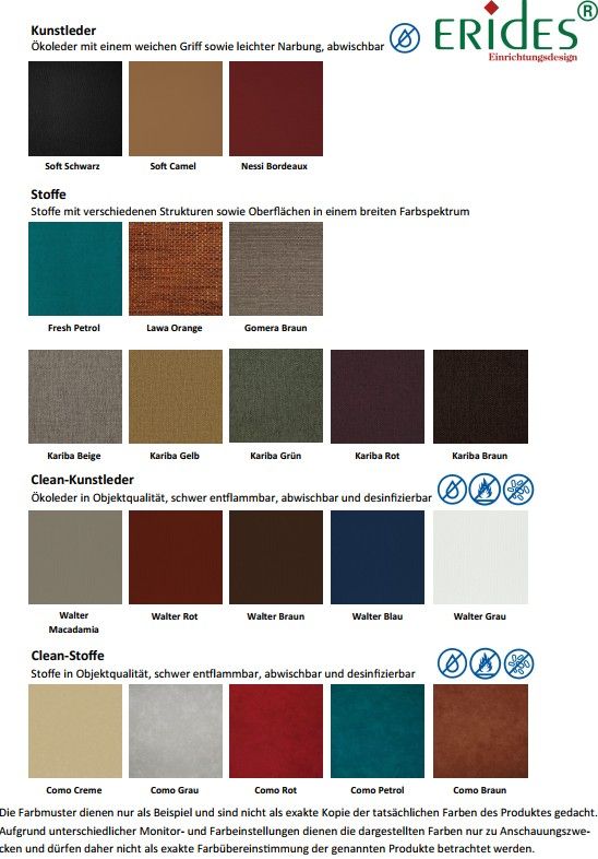 Farbtafel mit Stoff- und Kunstlederoptionen. Verschiedene Farben und Texturen für Stuhlbezüge.