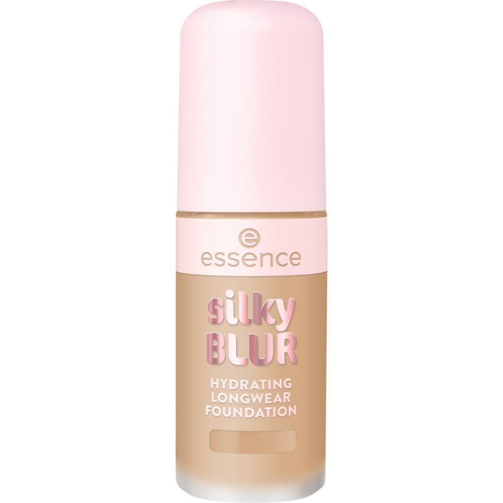 Foundation-Flakon mit rosa Deckel. Aufschrift: essence, silky BLUR, Hydrating Longwear Foundation. Farbton: hellbraun.