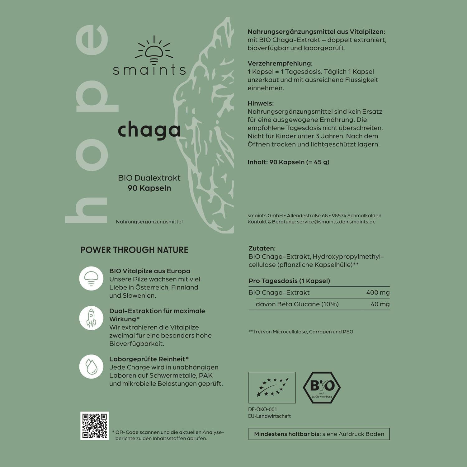 Produktinformationen auf grünem Hintergrund. Text: smaints chaga BIO Dualextrakt, 90 Kapseln. Inhaltsstoffe, Verzehrempfehlung, Hinweise.