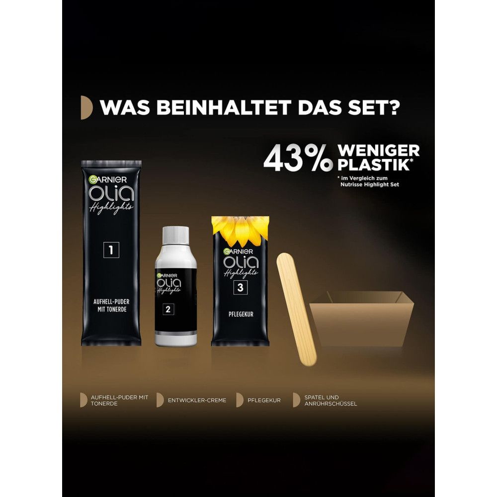 Garnier Olia Highlights Set-Inhalt. Aufhell-Puder, Entwickler-Creme, Pflegekur, Spatel und Anmischschüssel. Text: 43% weniger Plastik.