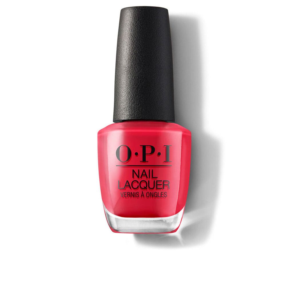 Nagellackflasche, rot, mit schwarzem Deckel. OPI-Logo und "Nail Lacquer"-Schriftzug.