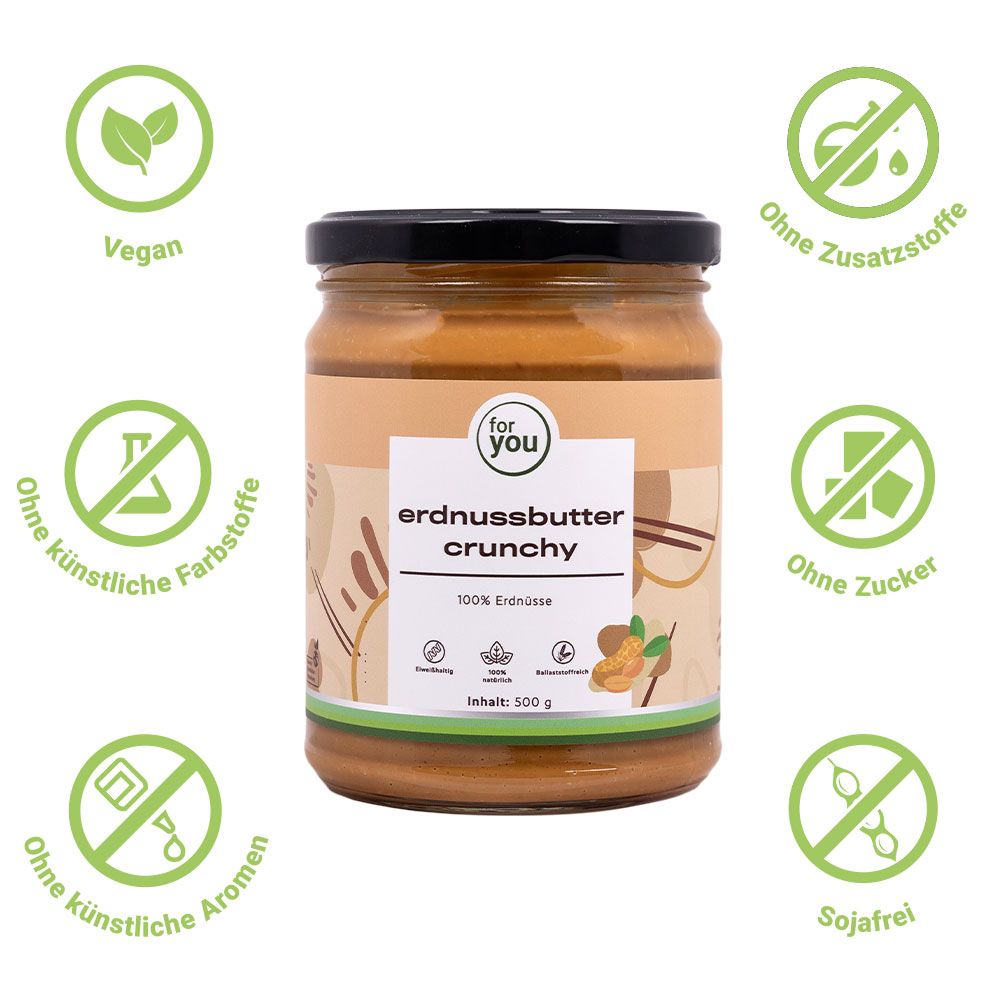 Glas Erdnussbutter Crunchy mit grünen Symbolen: Vegan, ohne Zusatzstoffe, ohne künstliche Farbstoffe, ohne Zucker, ohne künstliche Aromen, Sojafrei.