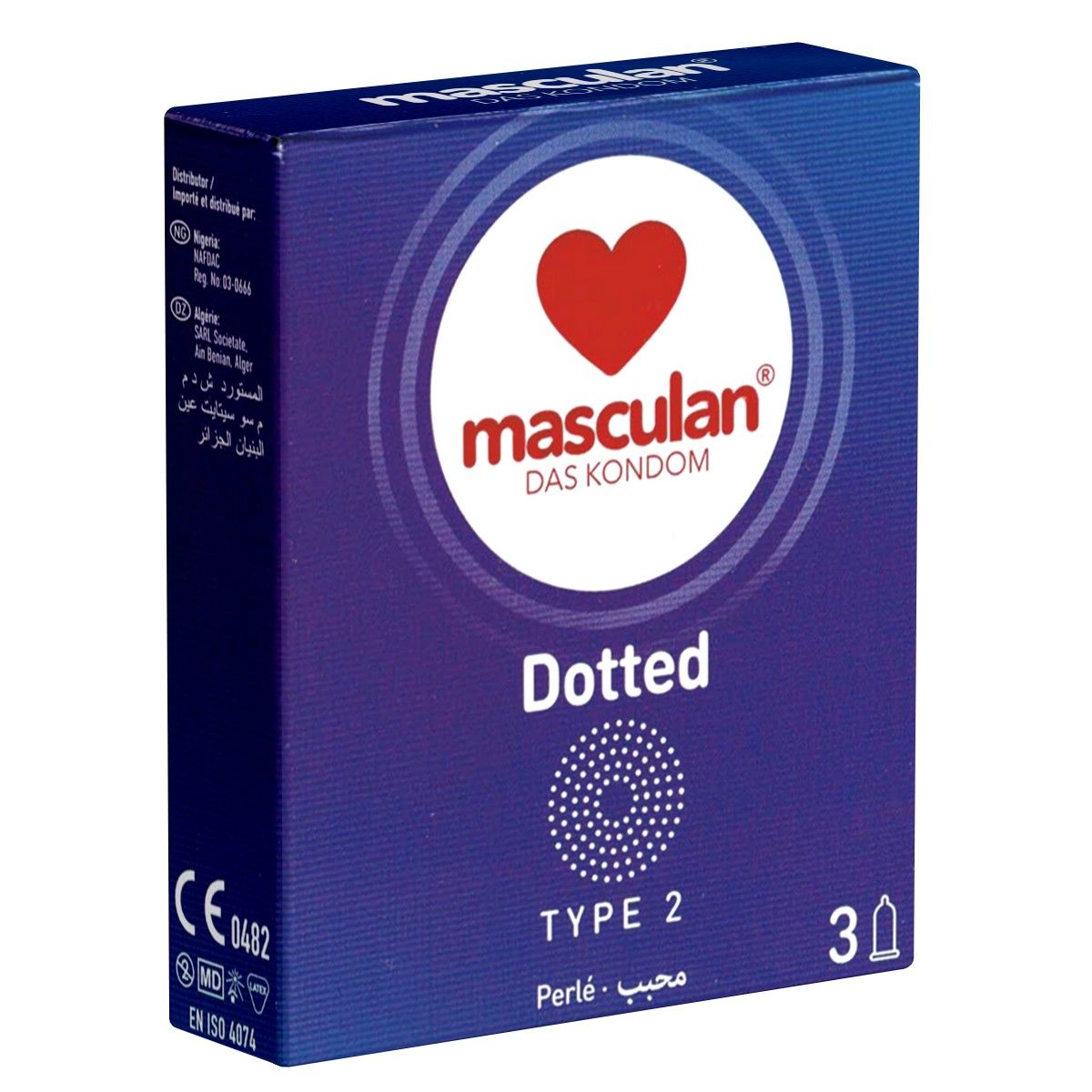 Dunkelblaue Schachtel mit rotem Herz und Schriftzug Masculan. Aufschrift "Dotted", "TYPE 2" und "30". CE-Kennzeichnung.