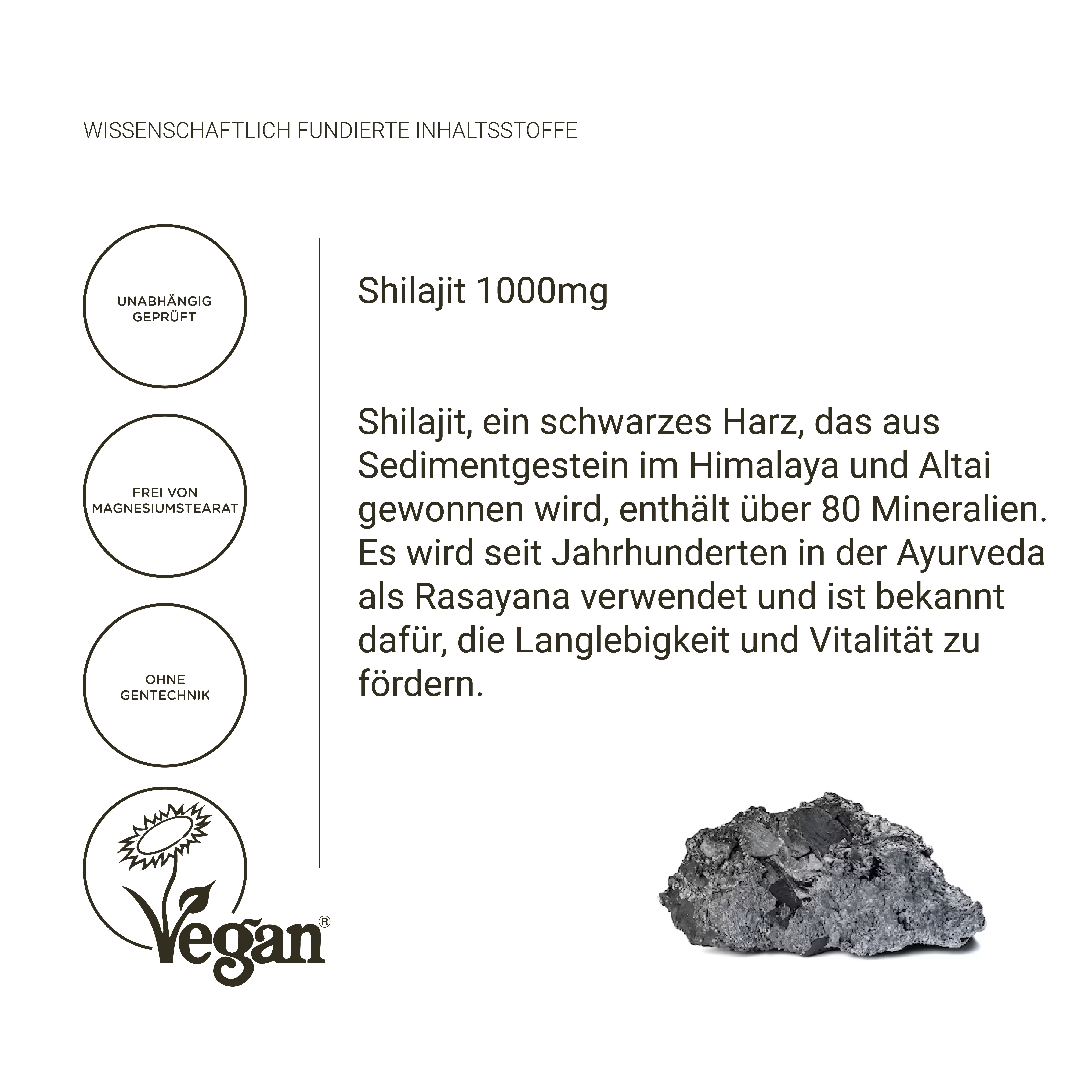 Text mit Informationen zu Shilajit 1000mg. Logo: Vegan. Text: schwarzes Harz, Himalaya, über 80 Mineralien, Ayurveda.