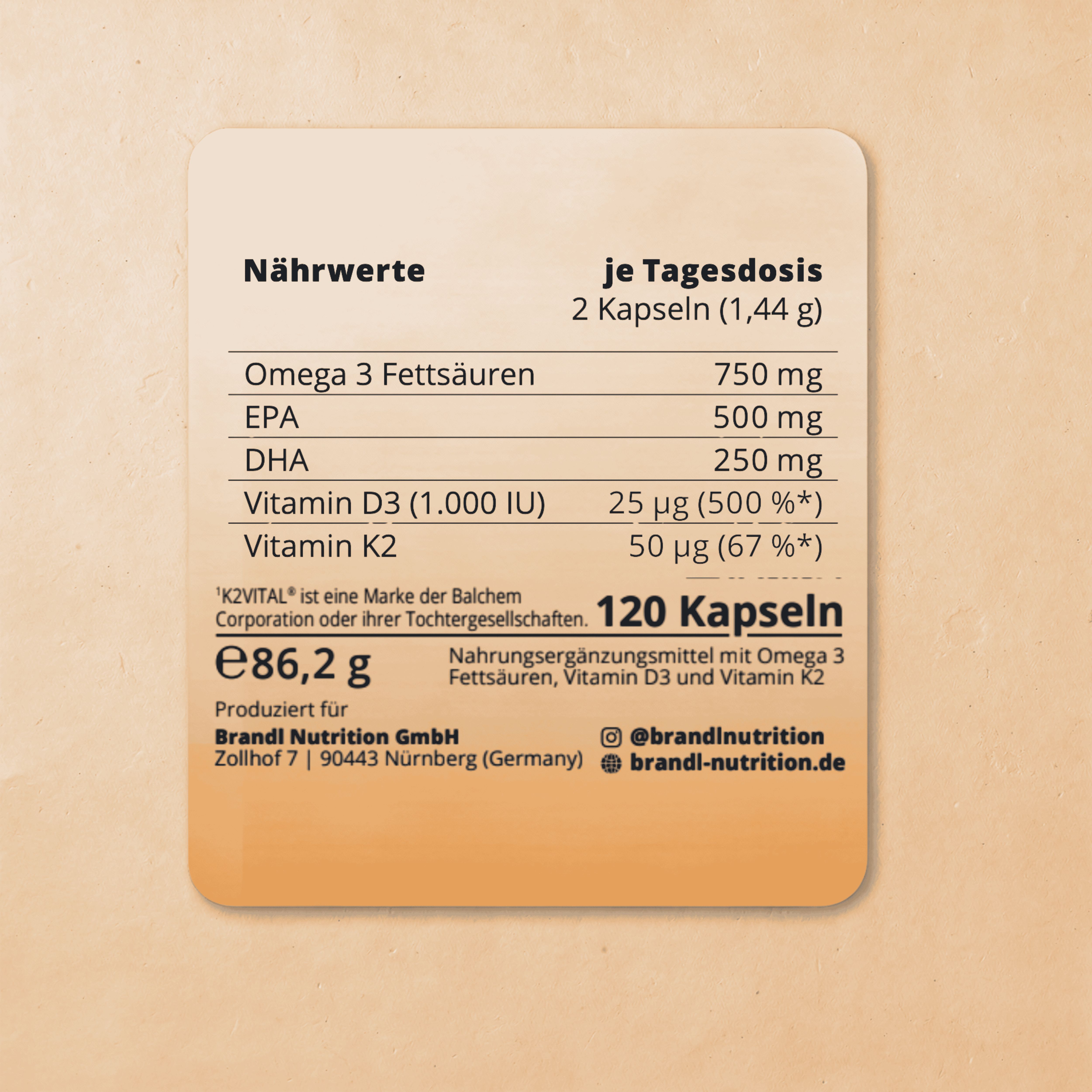 Nährwerttabelle. Text: Omega 3 Fettsäuren, EPA, DHA, Vitamin D3, Vitamin K2. 120 Kapseln. Hergestellt für brandl Nutrition GmbH.