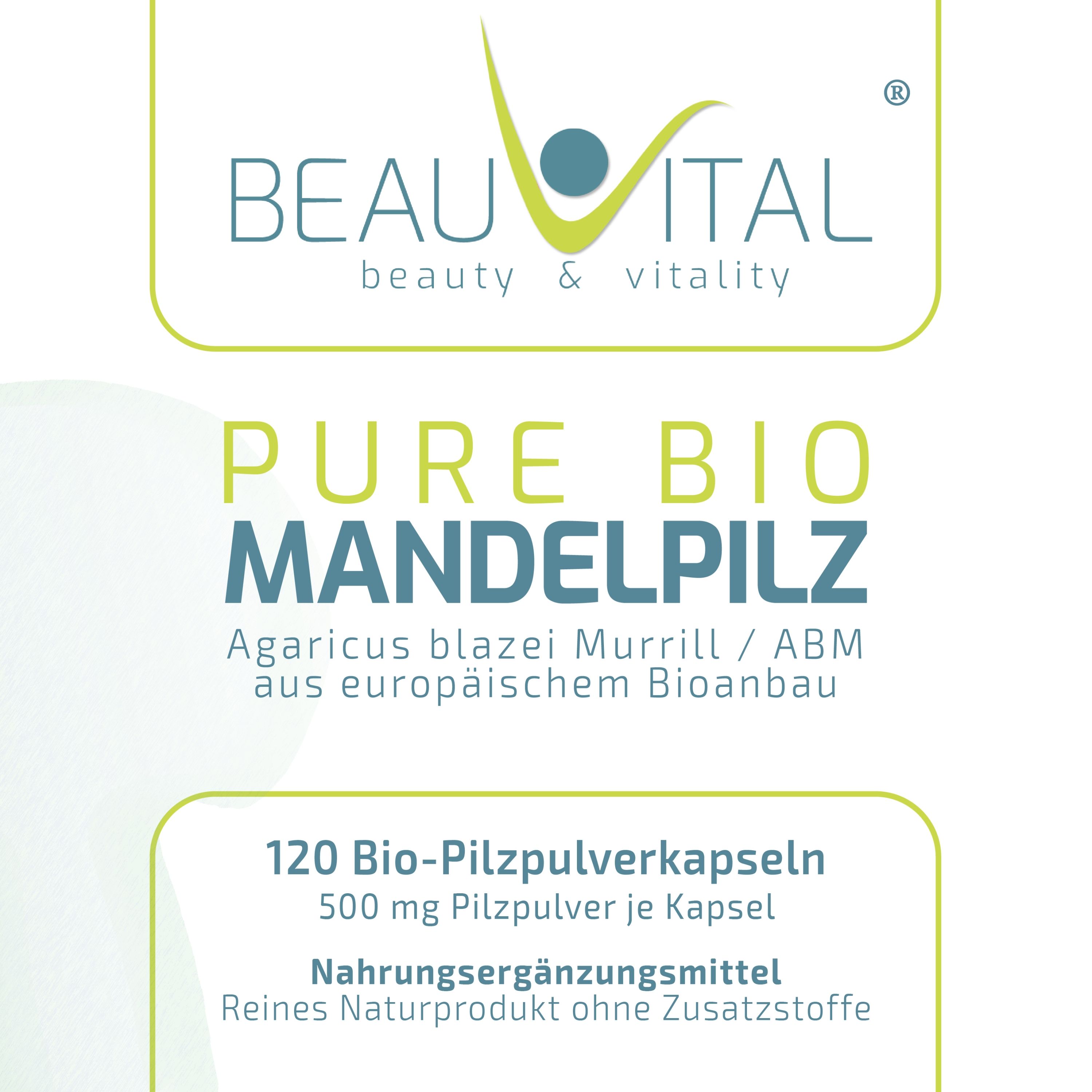 BEAUVITAL Pure Bio Mandelpilz: Etikett mit Produktnamen und Bio-Siegel.