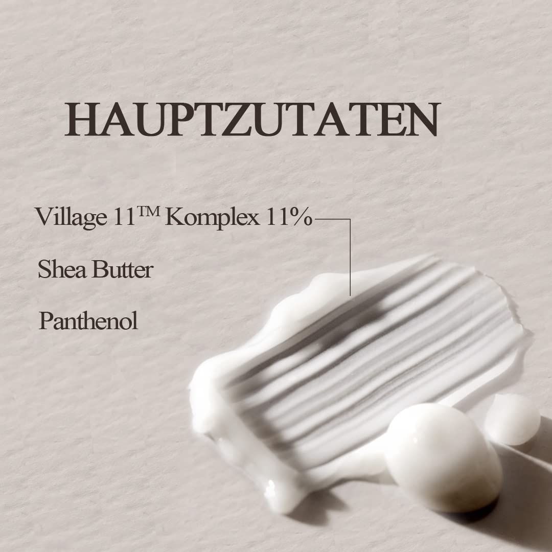 Nahaufnahme von Creme mit Inhaltsstoffen: Village 11™ Komplex 11%, Sheabutter, Panthenol.