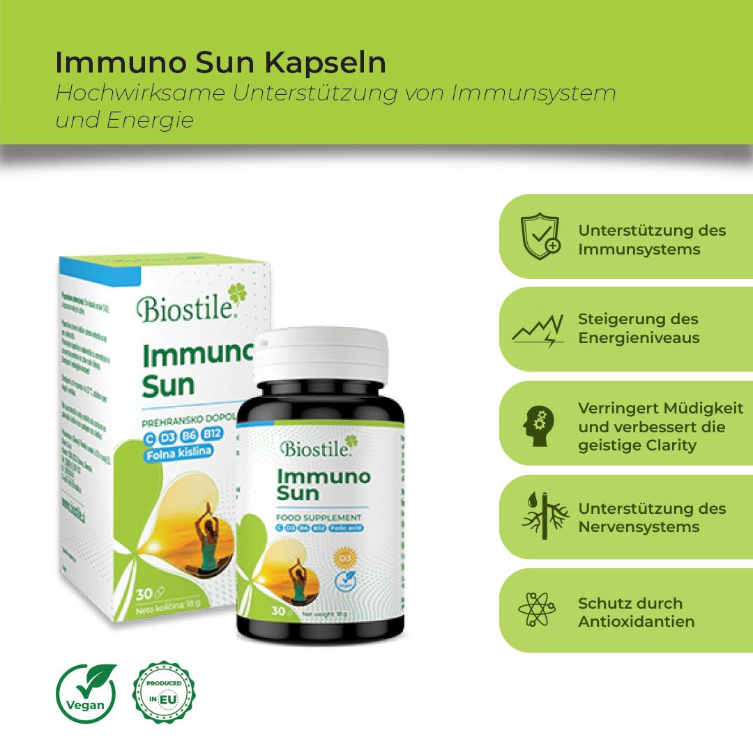 Produktverpackung mit Flasche. Text: Immuno Sun Kapseln. Unterstützung Immunsystem und Energie. Vegan-Siegel.