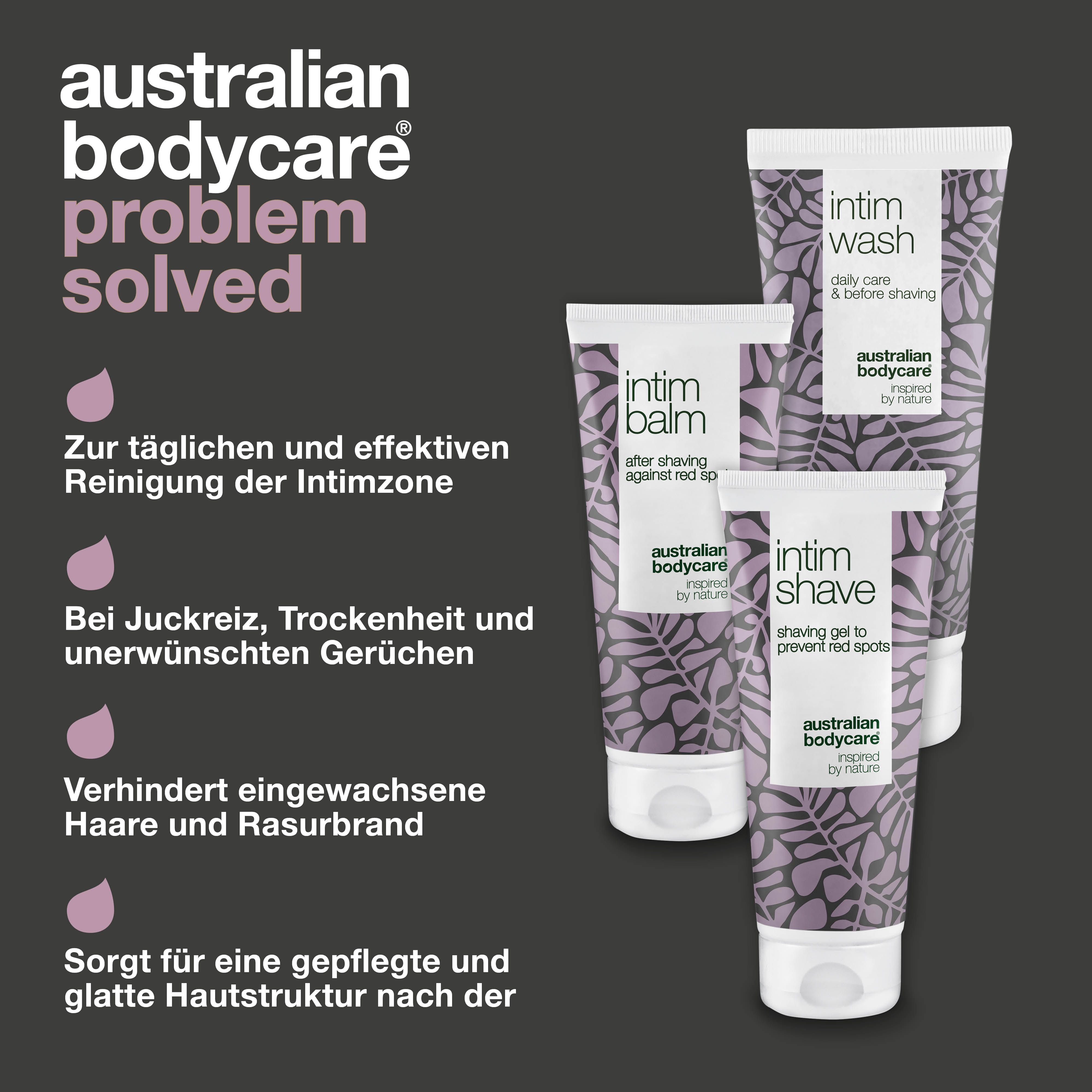 Drei Australian Bodycare Intimrasur-Produkte. Intim Wash, Intim Balm, Intim Shave. Text und Logos.