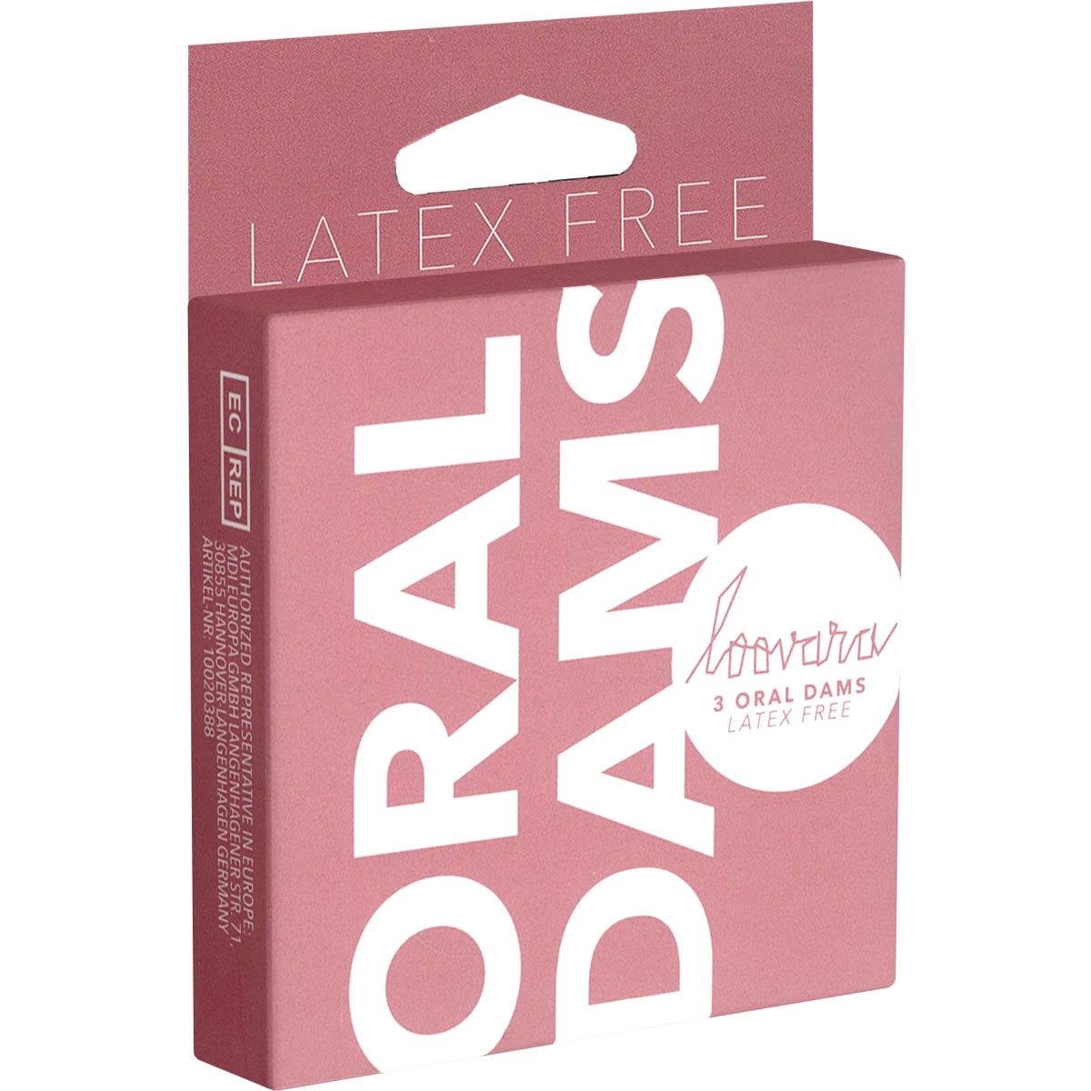 Rosa Verpackung mit Aufschrift: ORAL DAMS. Marke: Loovara. 3 Oral Dams. Latex-frei. EC REP.