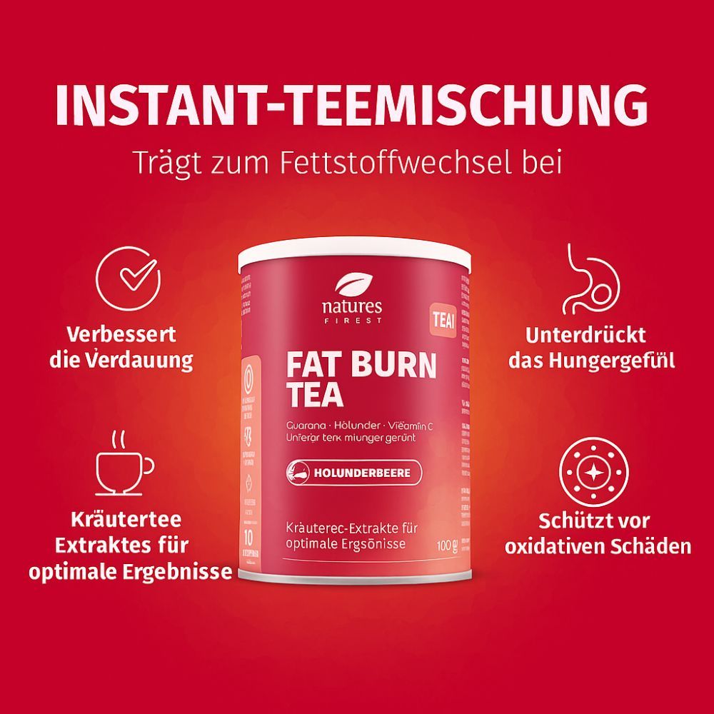 Rote Dose Nature's Finest Fat Burn Tea. Text: Instant-Teemischung. Enthält Guarana, Holunderbeere, Vitamin C.
