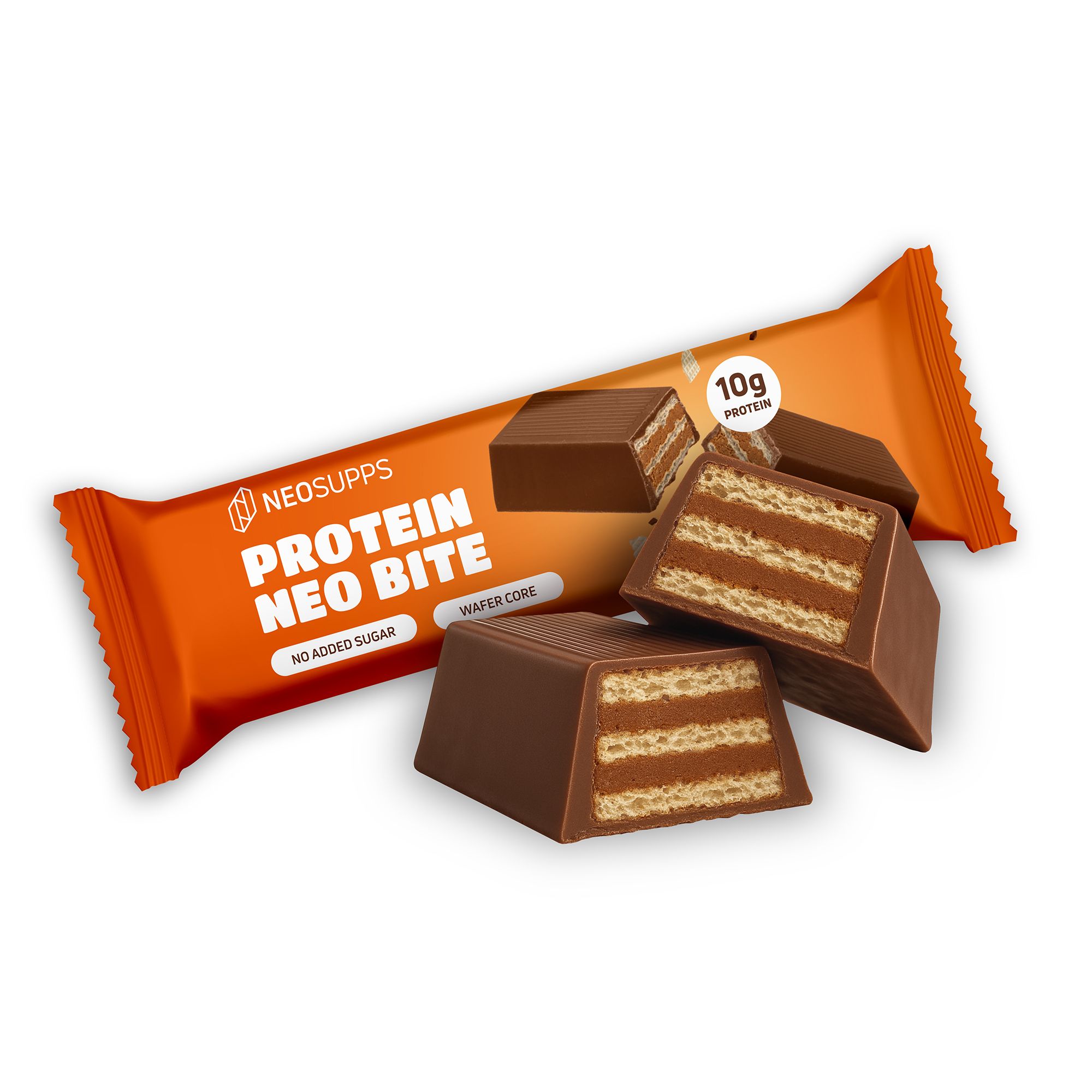 Proteinriegel in Verpackung und zwei angeschnittene Riegel. Aufdruck: Neo Bite, 10g Protein, NeoSupps Logo.