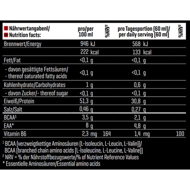 Nährwerttabelle mit Informationen zu Brennwert, Fett, Kohlenhydraten, Eiweiß, Salz, BCAA, EAA und Vitamin B6.