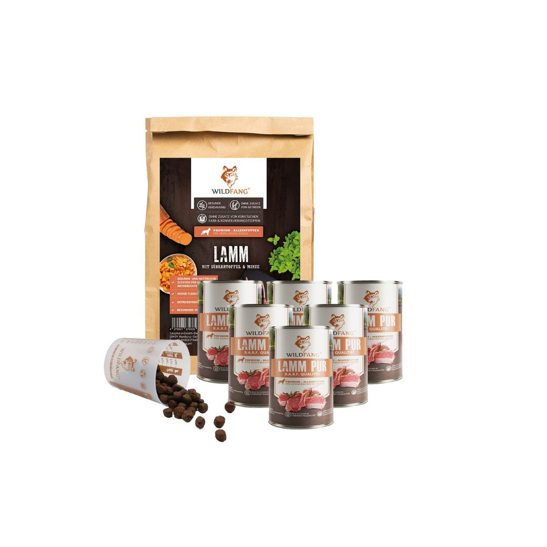 Wildfang-Hundefutter. Packung und Dosen mit Lammfleisch. Trockenfutter und Nassfutter. Ohne Getreide.